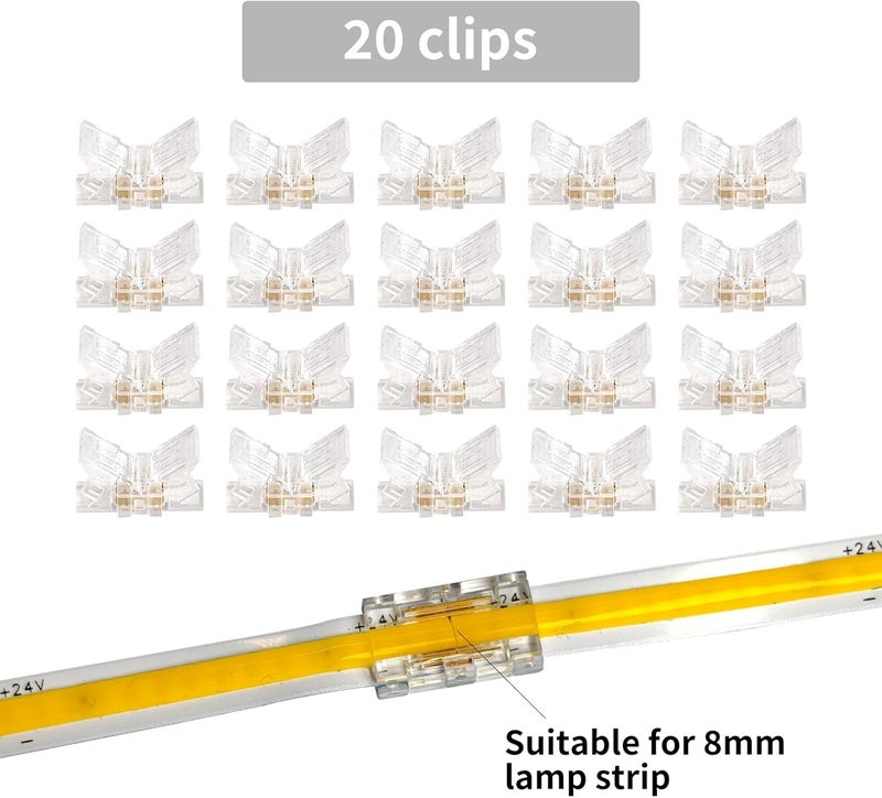HEYAN 2 Pin 8mm LED Strip to Strip Connectors 20 Pcs Solderless Transparent LED Strip Connector Unwired Gapless Tape Light Connector No Dark Area for COB/SMD Single Color LED Strips - Image 2